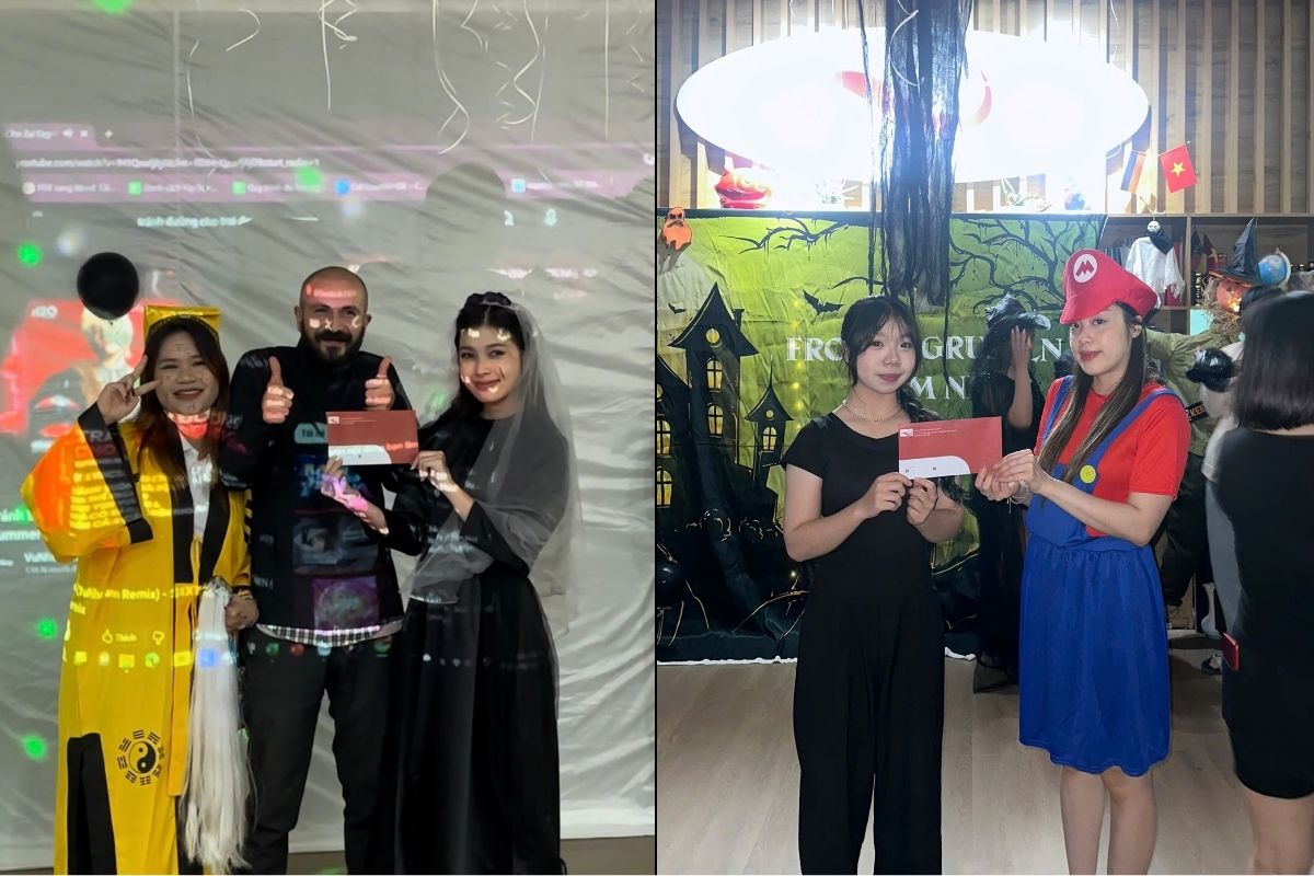 rao giải cuộc thi hóa trang và minigame Halloween cho học viên NDF Hà Nội.